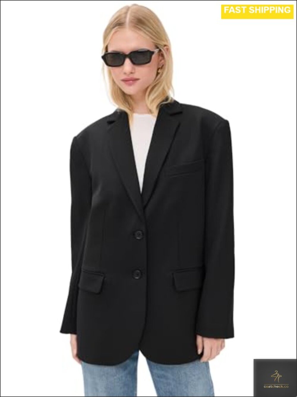 Wool Twill Oversized Blazer Notch Lapel Button Front Work Party